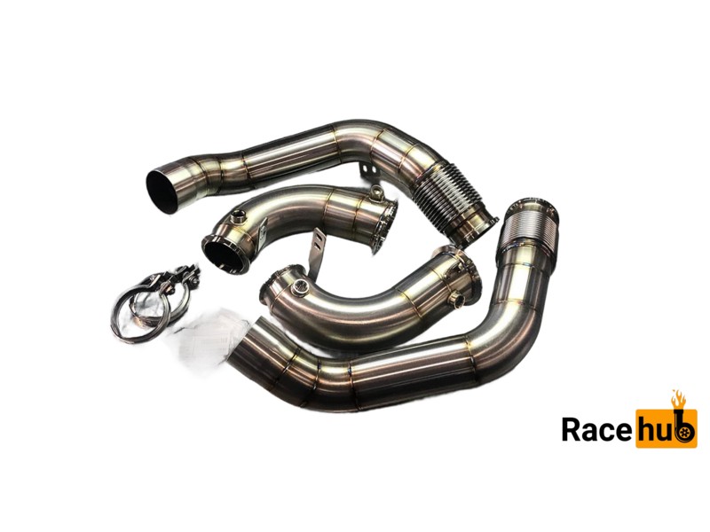 3.3 inch downpipes next to the stock parts